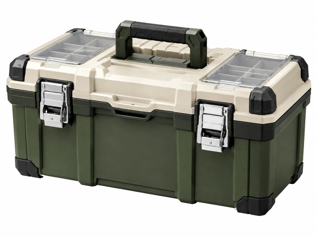 Gereedschapskist 50 x 30 x 25 cm kunststof groen/beige met organizer en draaggreep