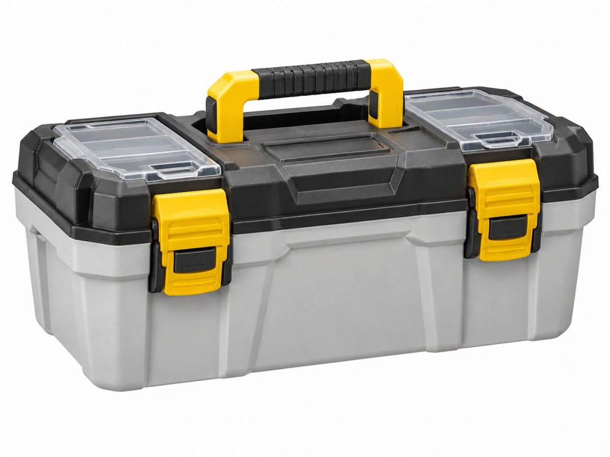 Gereedschapskist 50 x 25 x 25 cm kunststof grijs zwart geel met organizer en draaggreep