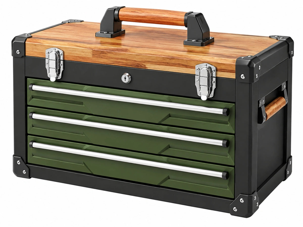 Gereedschapskist 60 x 35 x 45 cm van hout en metaal groen zwart met 4 laden
