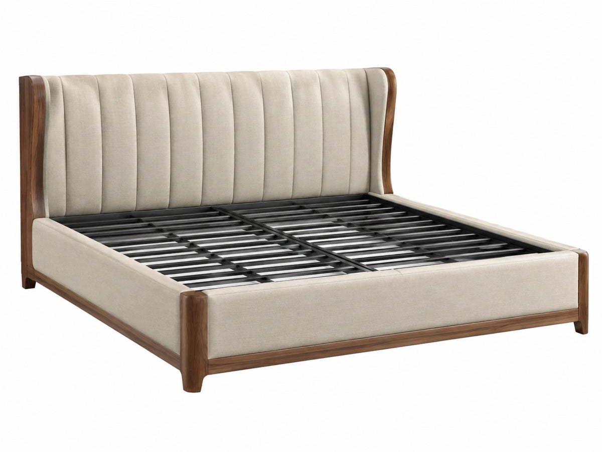 Gestoffeerd bedframe 180 x 200 cm beige en bruin hout met metalen lattenbodem modern