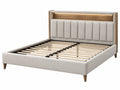 Gestoffeerd tweepersoonsbed 160 x 200 cm beige en naturel hout met lattenbodem en verlicht hoofdbord