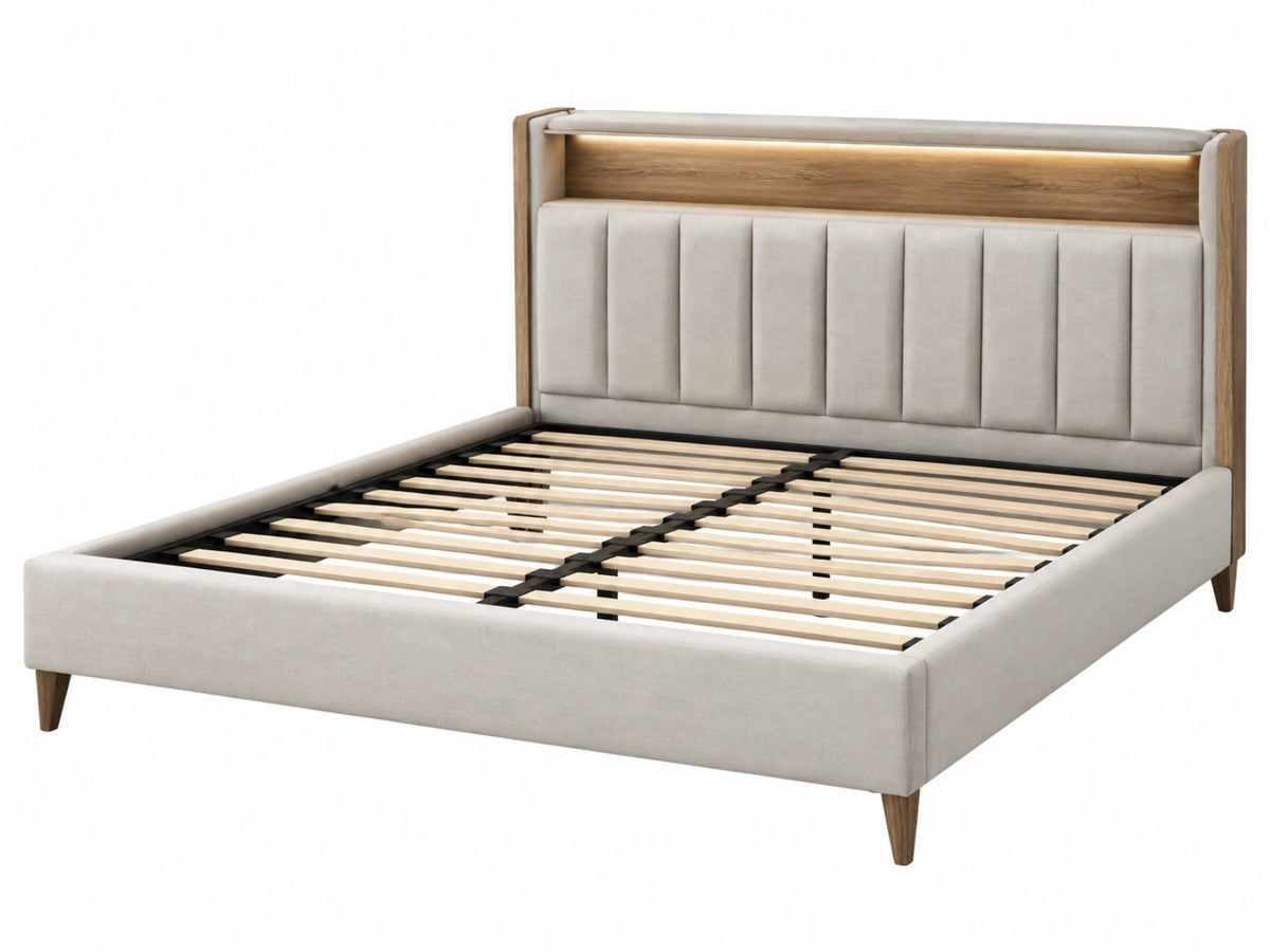 Gestoffeerd tweepersoonsbed 160 x 200 cm beige en naturel hout met lattenbodem en verlicht hoofdbord