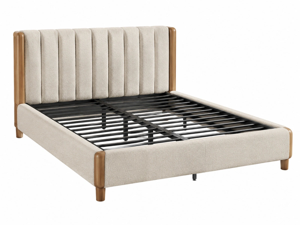Tweepersoonsbed 160 x 200 cm bouclé crème met houten details en metalen lattenbodem