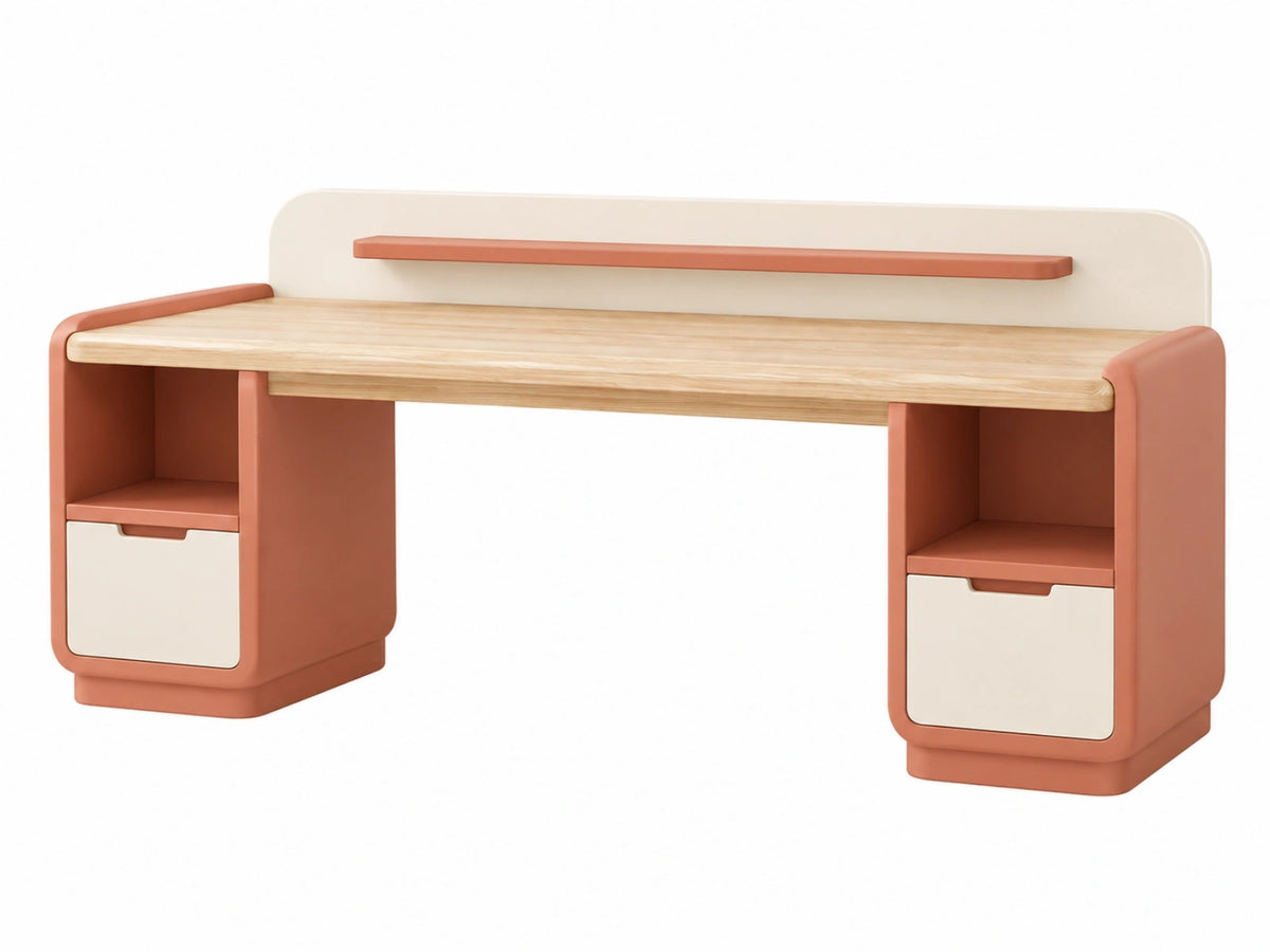 Kinderbureau 120 x 60 x 100 cm houtlook koraalroze/crème - opbergbureau met kastjes