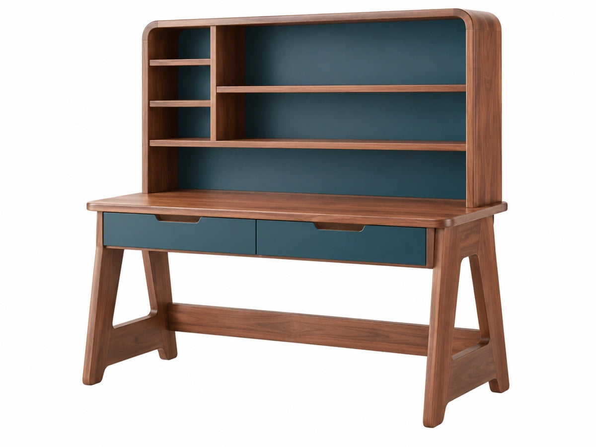 Bureau met opzetkast 120 x 60 x 180 cm hout bruin/blauw met lades