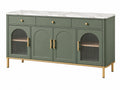 Dressoir 160 x 40 x 85 cm groen hout met marmerlook blad en glazen deuren