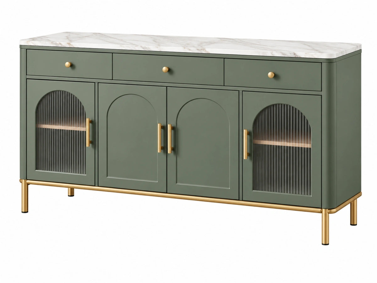 Dressoir 160 x 40 x 85 cm groen hout met marmerlook blad en glazen deuren