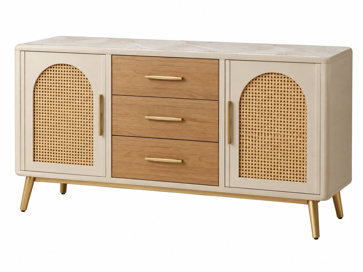 Dressoir 160 x 40 x 85 cm beige en naturel hout met rotan deuren en marmerlook blad