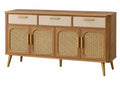 Dressoir 160 x 40 x 85 cm houtlook met rotan deuren en stoffen laden - opbergkast in retrostijl