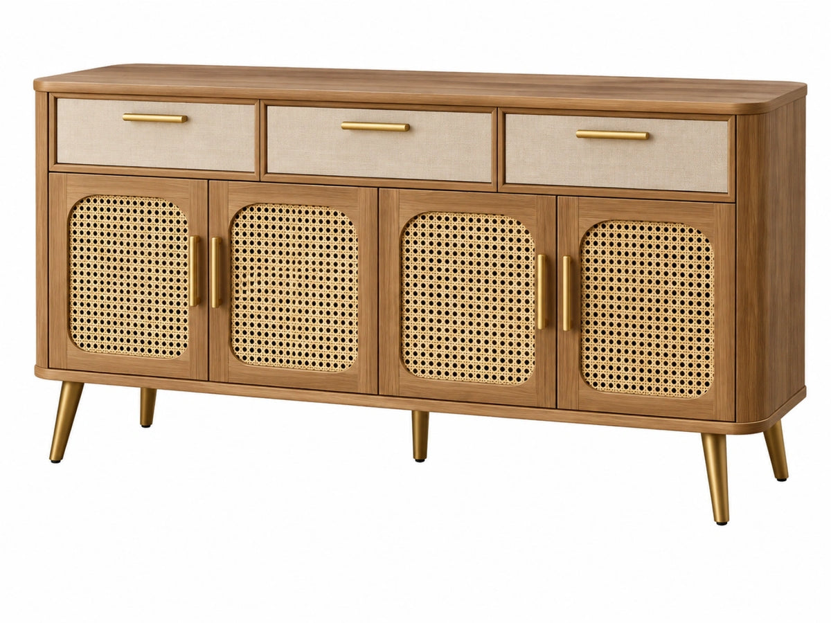 Dressoir 160 x 40 x 85 cm houtlook met rotan deuren en stoffen laden - opbergkast in retrostijl