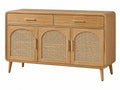 Dressoir 160 x 45 x 90 cm houtkleurig hout en rotan - bohemian opbergkast met 3 deuren en 2 laden