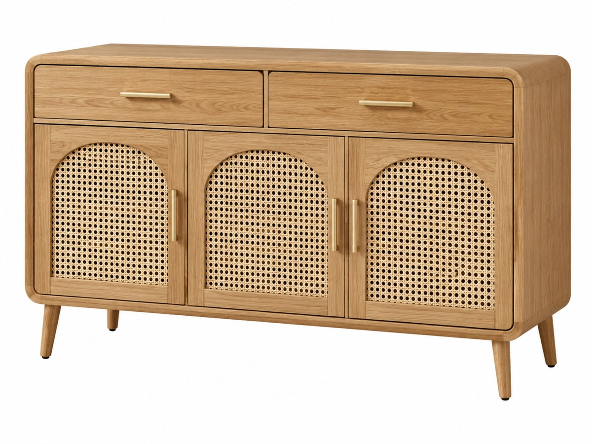 Dressoir 160 x 45 x 90 cm houtkleurig hout en rotan - bohemian opbergkast met 3 deuren en 2 laden