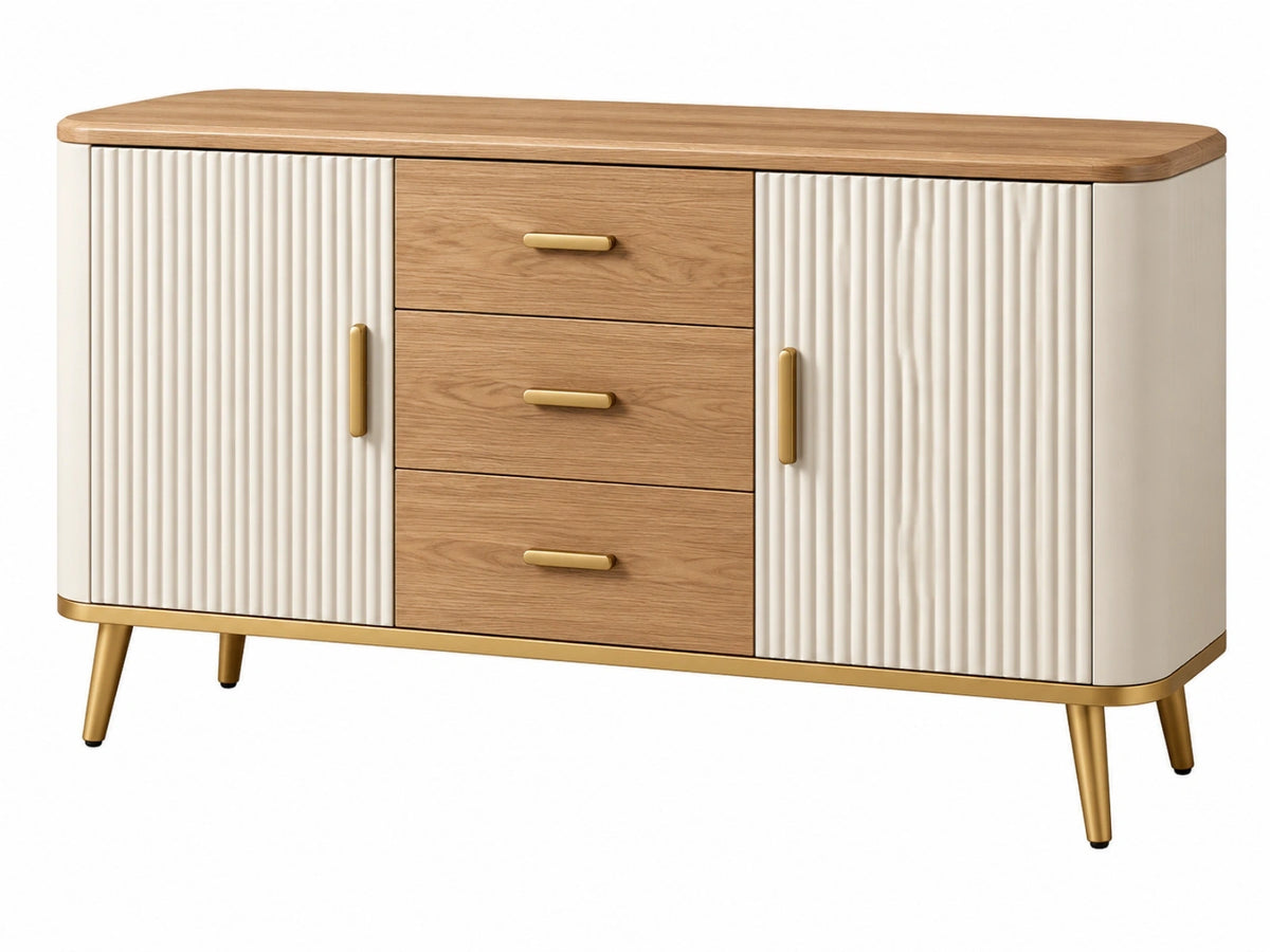 Dressoir 160 x 45 x 85 cm houtkleurig crème metaal - geribbelde deuren en 3 laden