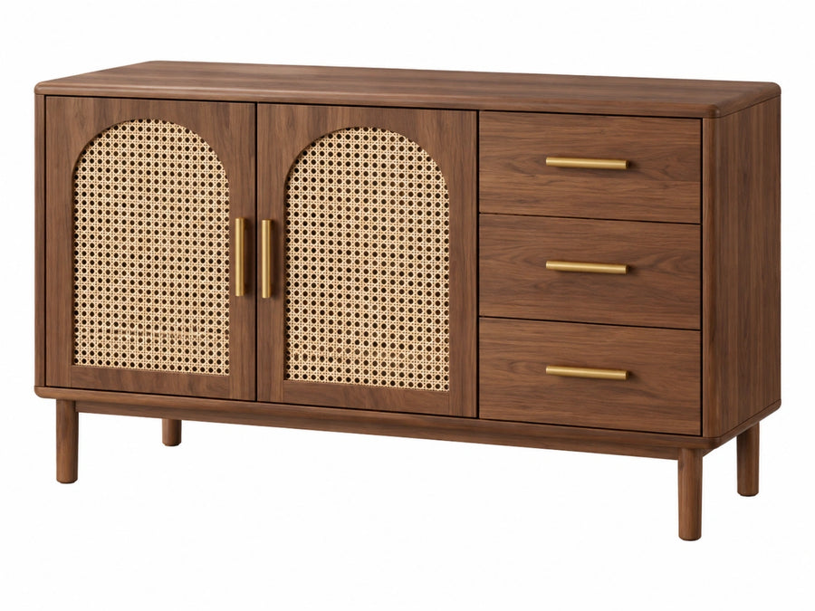 Dressoir 140 x 40 x 80 cm donkerbruin hout met rotan en 3 laden