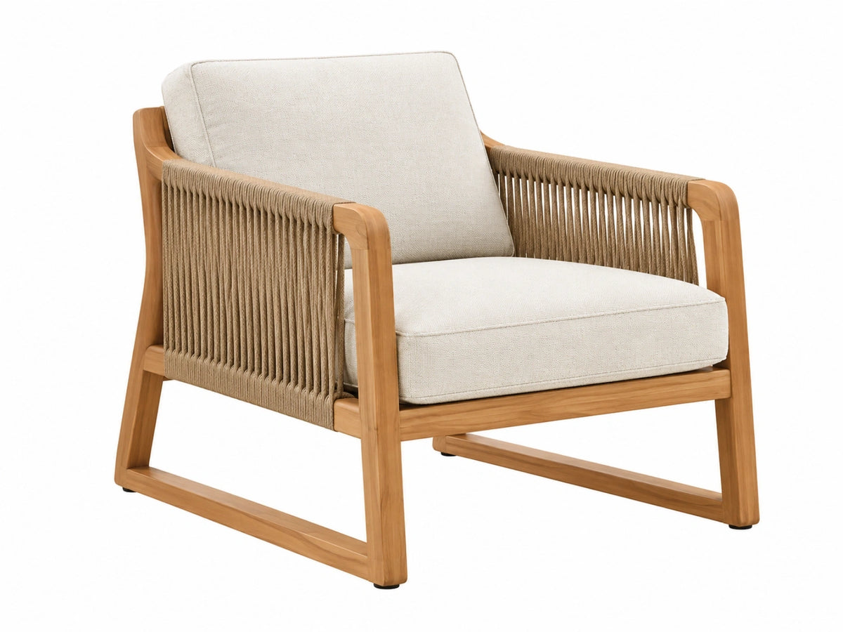 Fauteuil 75 x 82 x 84 cm - houten frame beige stoffen bekleding met gevlochten armleuningen