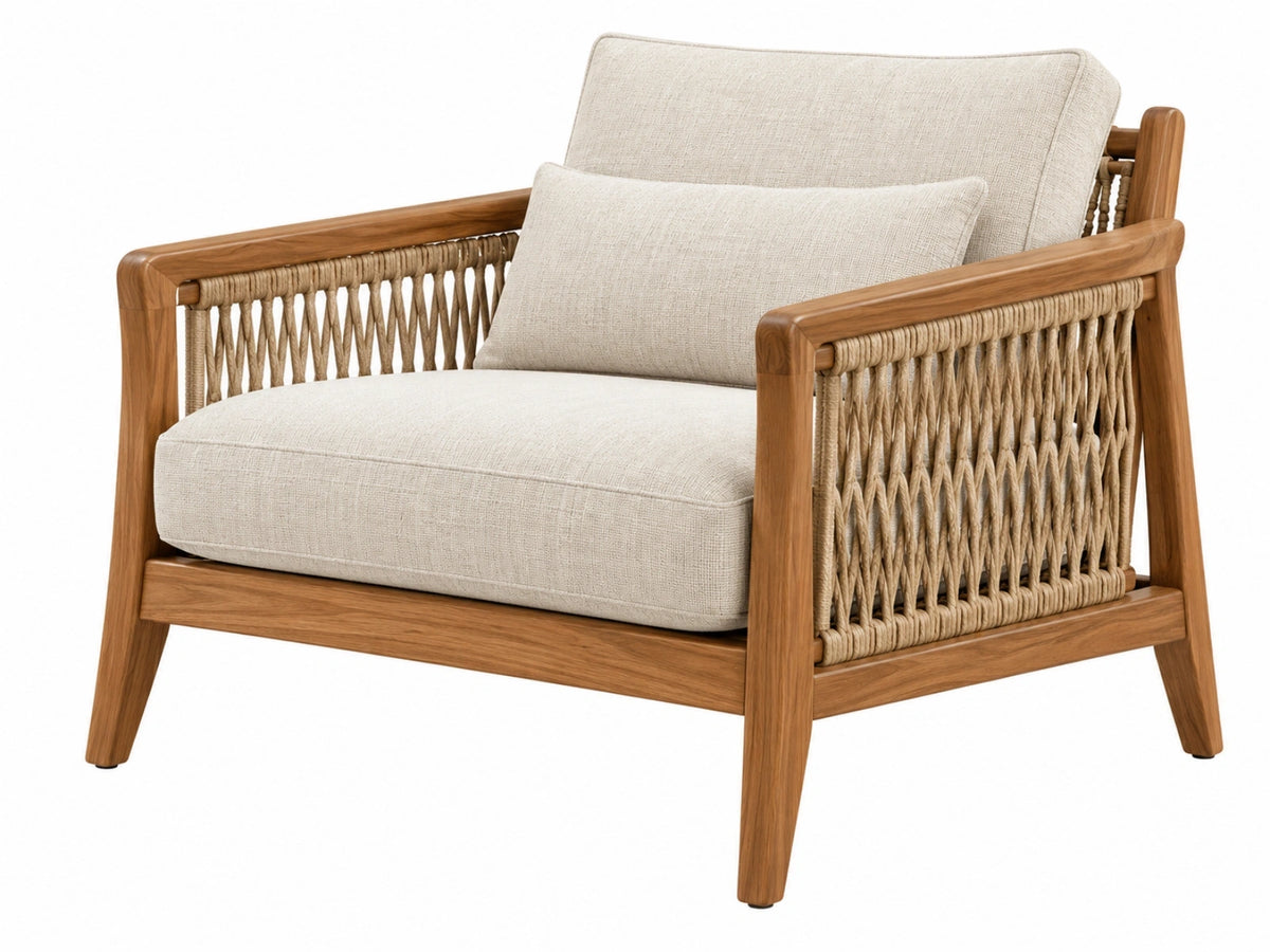 Fauteuil 82 x 78 x 85 cm - beige houten frame met gevlochten koord voor woonkamer in natuurlijke stijl